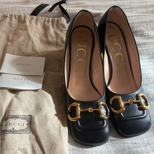 Gucci Black Leather Heels with Gold Buckle